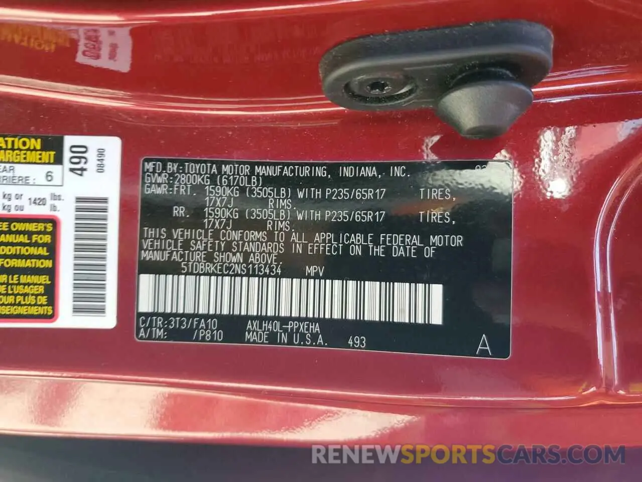 14 Photograph of a damaged car 5TDBRKEC2NS113434 TOYOTA All Models 2022