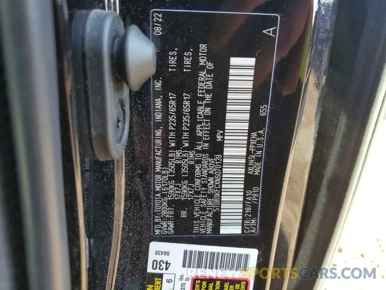 14 Photograph of a damaged car 5TDBSKFCXNS070139 TOYOTA All Models 2022