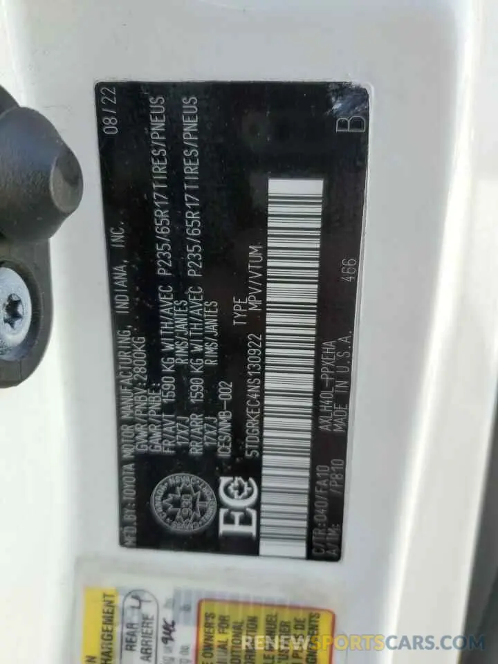 14 Photograph of a damaged car 5TDGRKEC4NS130922 TOYOTA All Models 2022