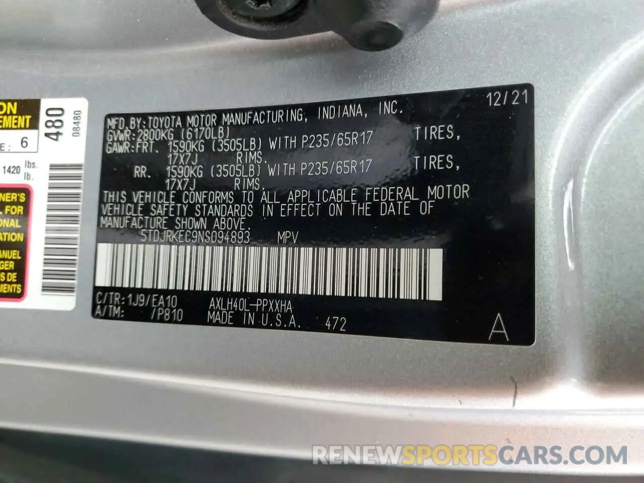 13 Photograph of a damaged car 5TDJRKEC9NS094893 TOYOTA All Models 2022