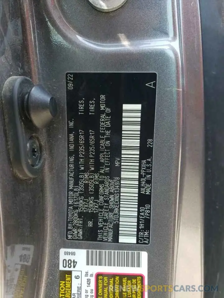 13 Photograph of a damaged car 5TDJRKECXNS134978 TOYOTA All Models 2022