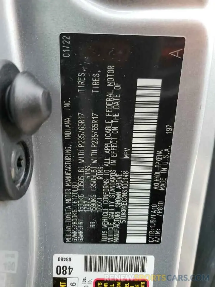 13 Photograph of a damaged car 5TDKRKEC2NS100148 TOYOTA All Models 2022