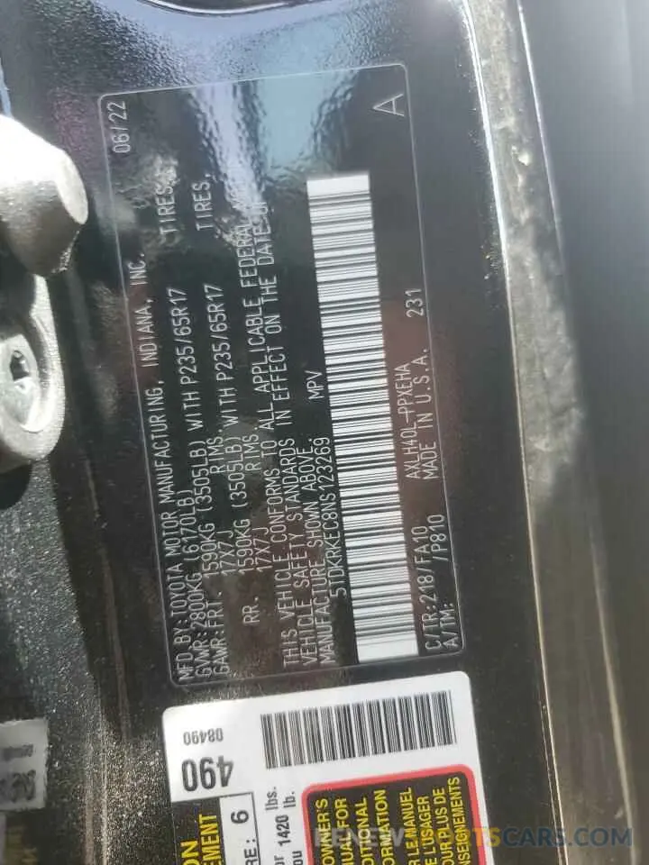 14 Photograph of a damaged car 5TDKRKEC8NS123269 TOYOTA All Models 2022