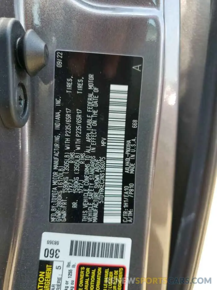 14 Photograph of a damaged car 5TDYRKEC2NS136075 TOYOTA All Models 2022