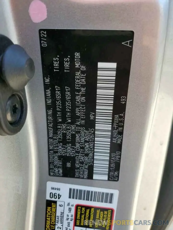 13 Photograph of a damaged car 5TDYRKEC4NS126745 TOYOTA All Models 2022