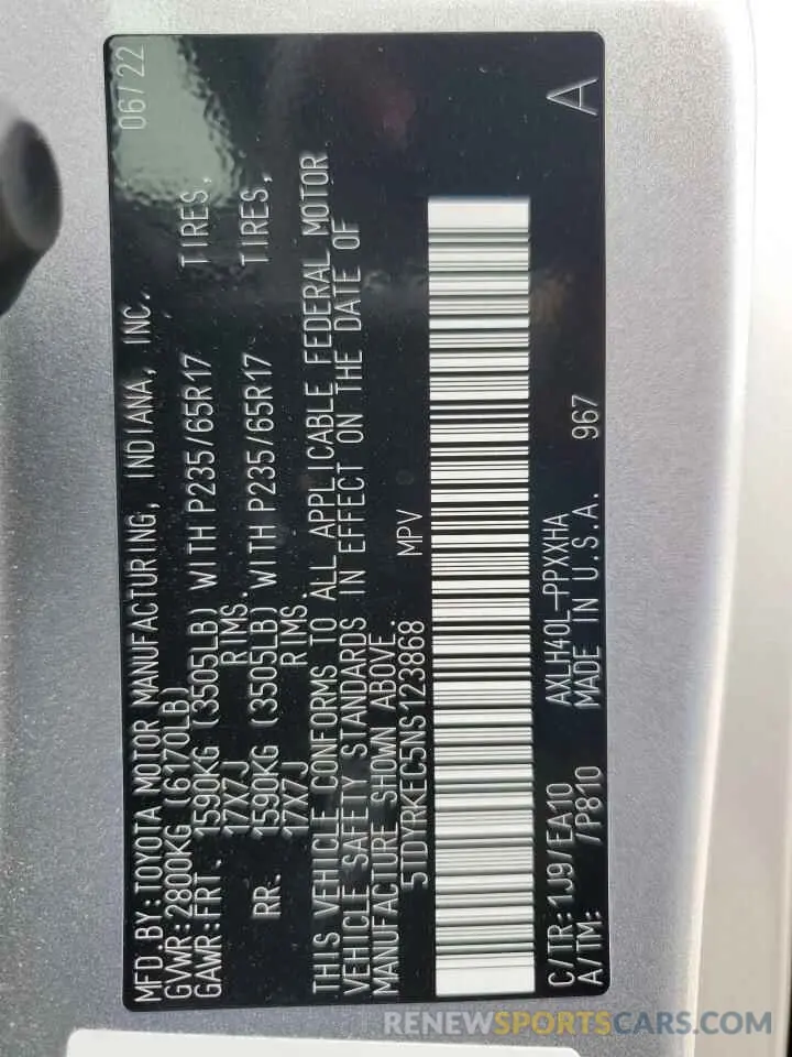 14 Photograph of a damaged car 5TDYRKEC5NS123868 TOYOTA All Models 2022