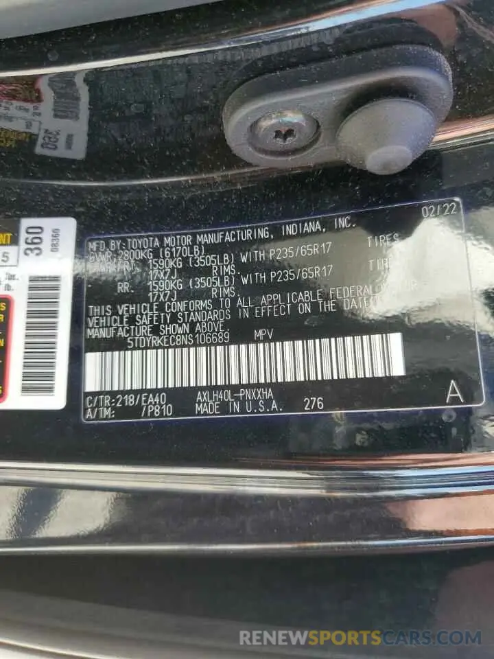 15 Photograph of a damaged car 5TDYRKEC8NS106689 TOYOTA All Models 2022