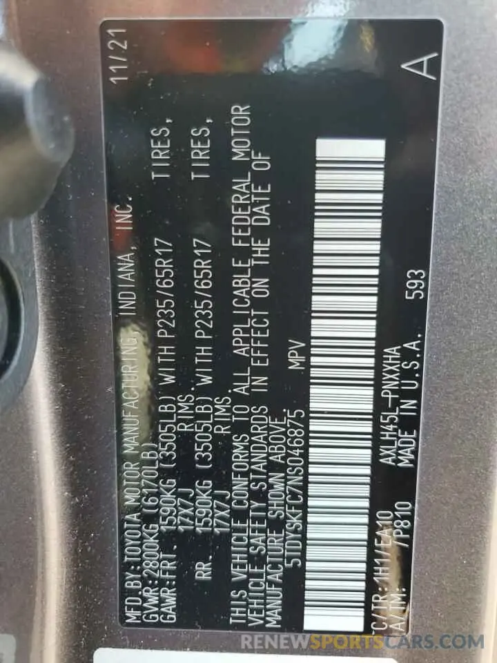 13 Photograph of a damaged car 5TDYSKFC7NS046875 TOYOTA All Models 2022