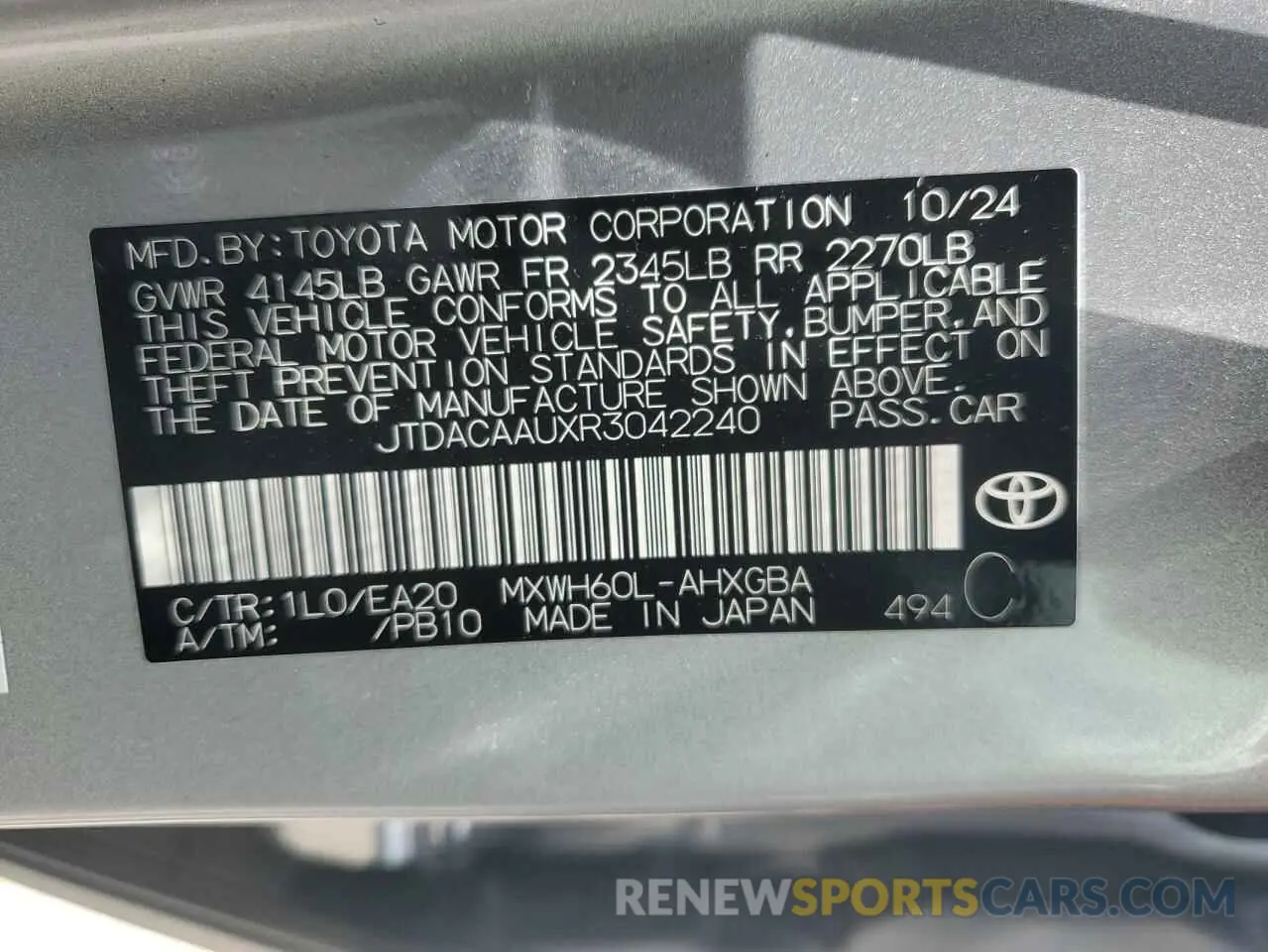 13 Photograph of a damaged car JTDACAAUXR3042240 TOYOTA ALL Models 2024