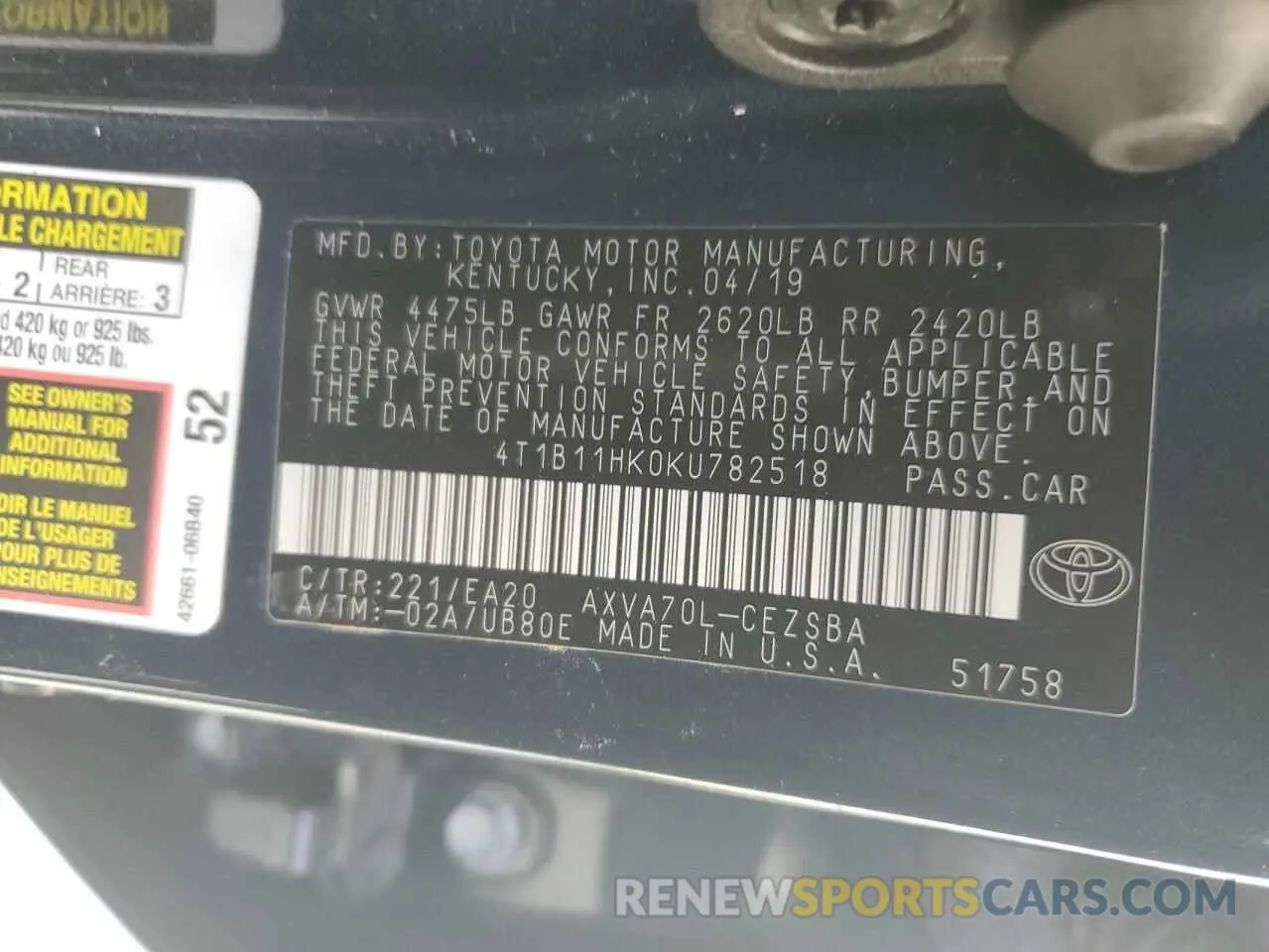 12 Photograph of a damaged car 4T1B11HK0KU782518 TOYOTA ALL OTHER 2019