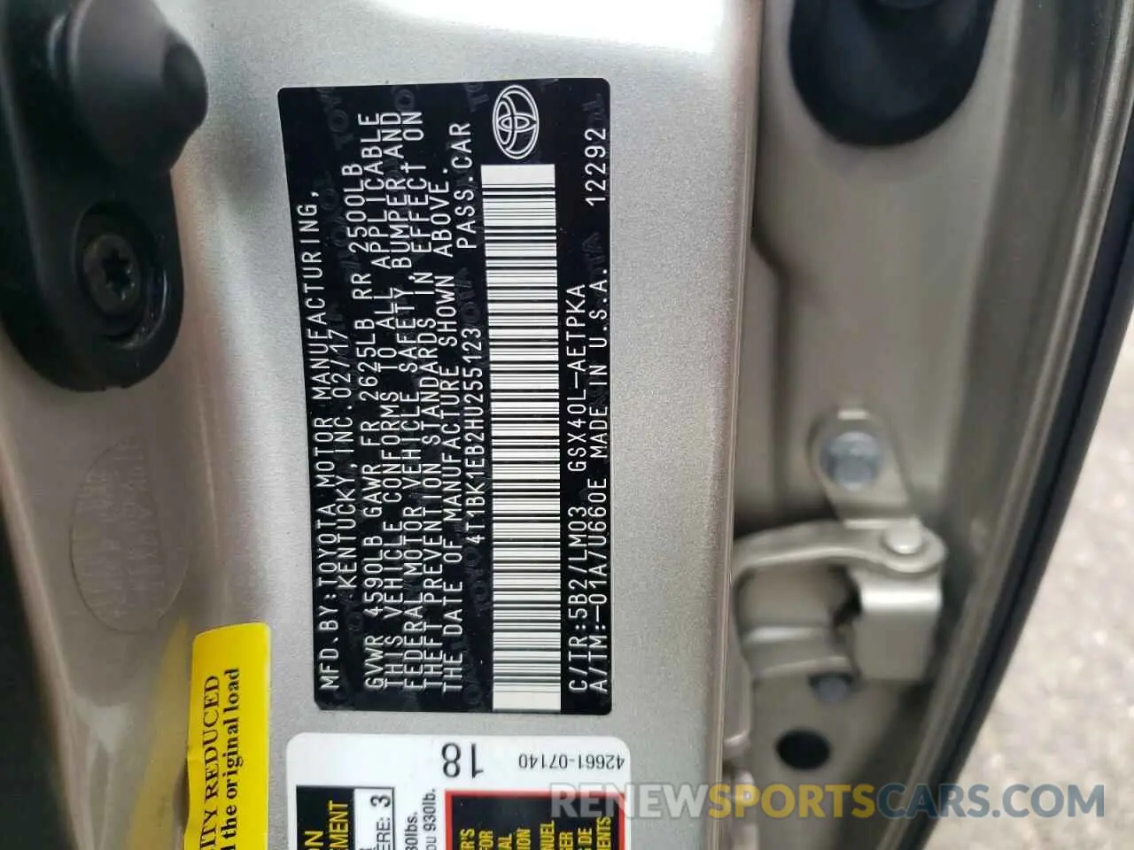 13 Photograph of a damaged car 4T1BK1EB2HU255123 TOYOTA AVALON 2017