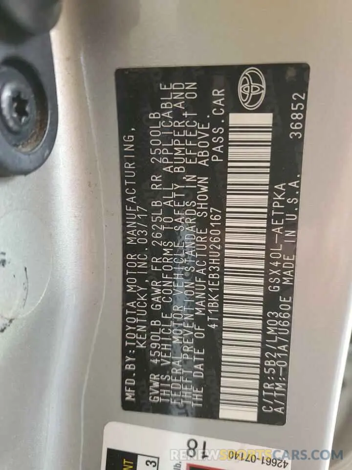 13 Photograph of a damaged car 4T1BK1EB3HU260167 TOYOTA AVALON 2017