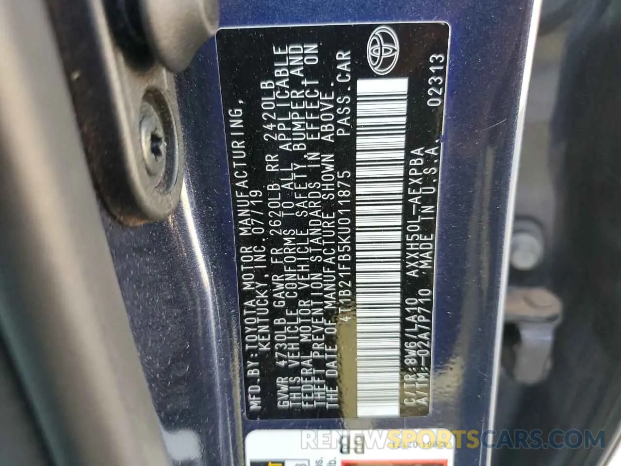 12 Photograph of a damaged car 4T1B21FB5KU011875 TOYOTA AVALON 2019