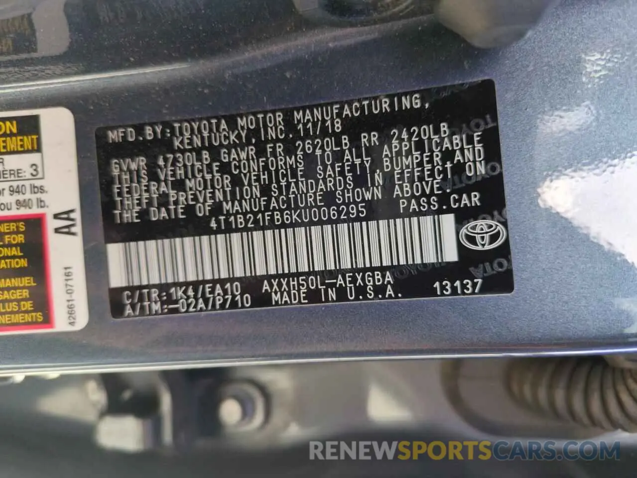 12 Photograph of a damaged car 4T1B21FB6KU006295 TOYOTA AVALON 2019