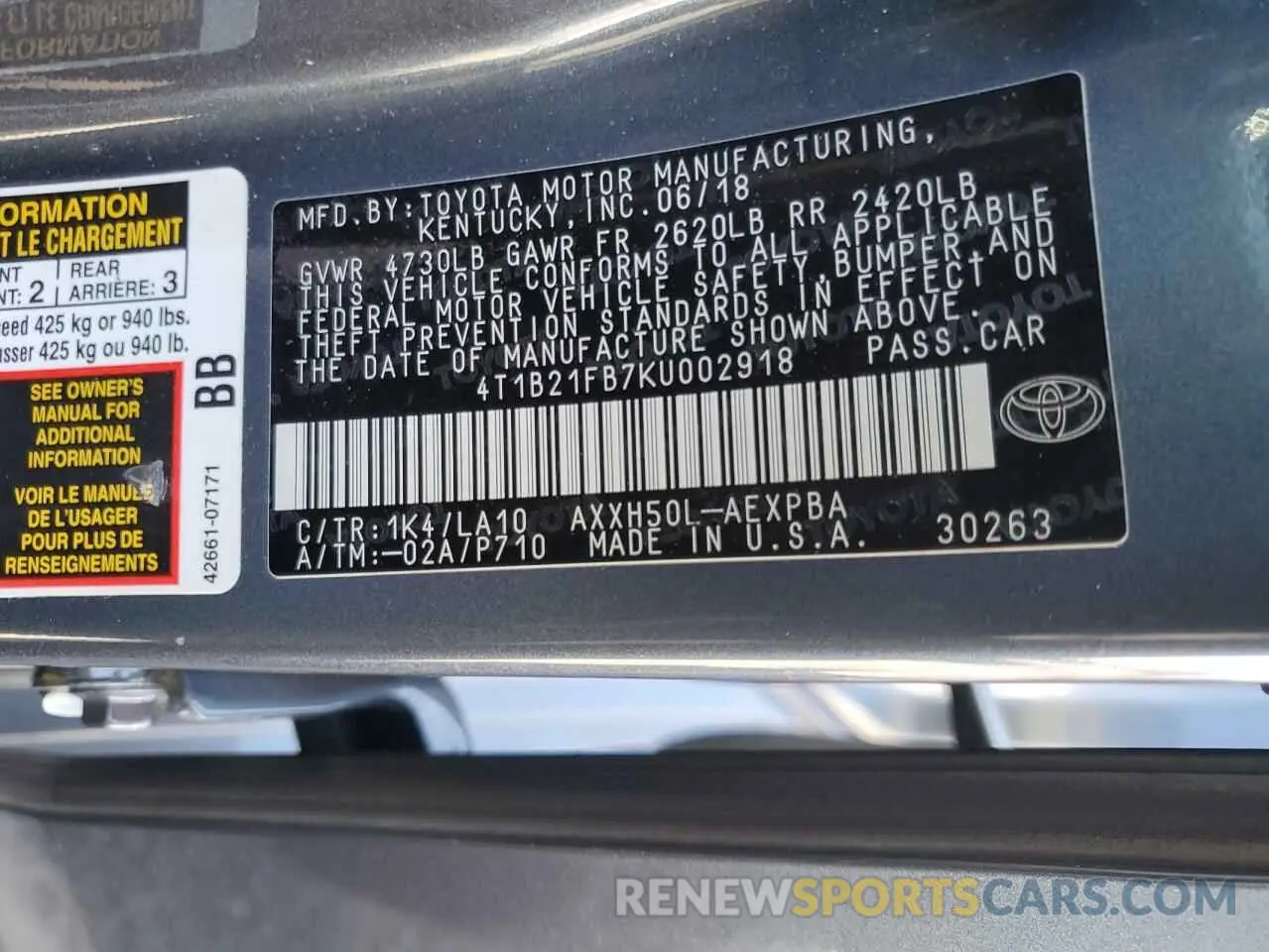 13 Photograph of a damaged car 4T1B21FB7KU002918 TOYOTA AVALON 2019