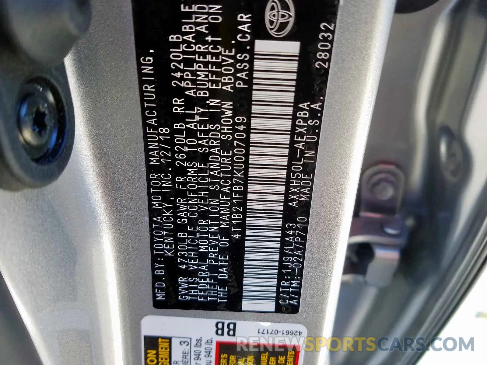 10 Photograph of a damaged car 4T1B21FB7KU007049 TOYOTA AVALON 2019