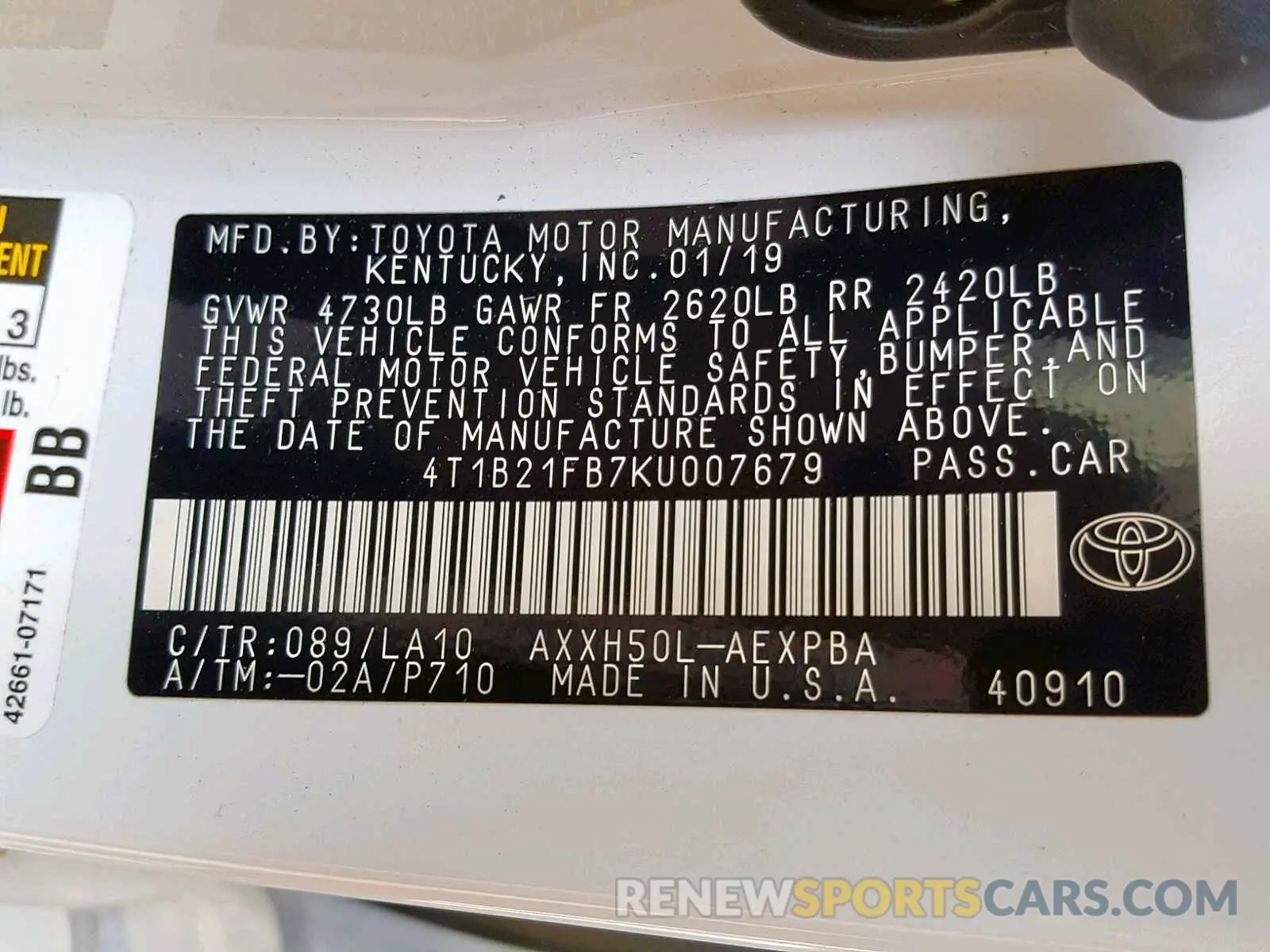 10 Photograph of a damaged car 4T1B21FB7KU007679 TOYOTA AVALON 2019
