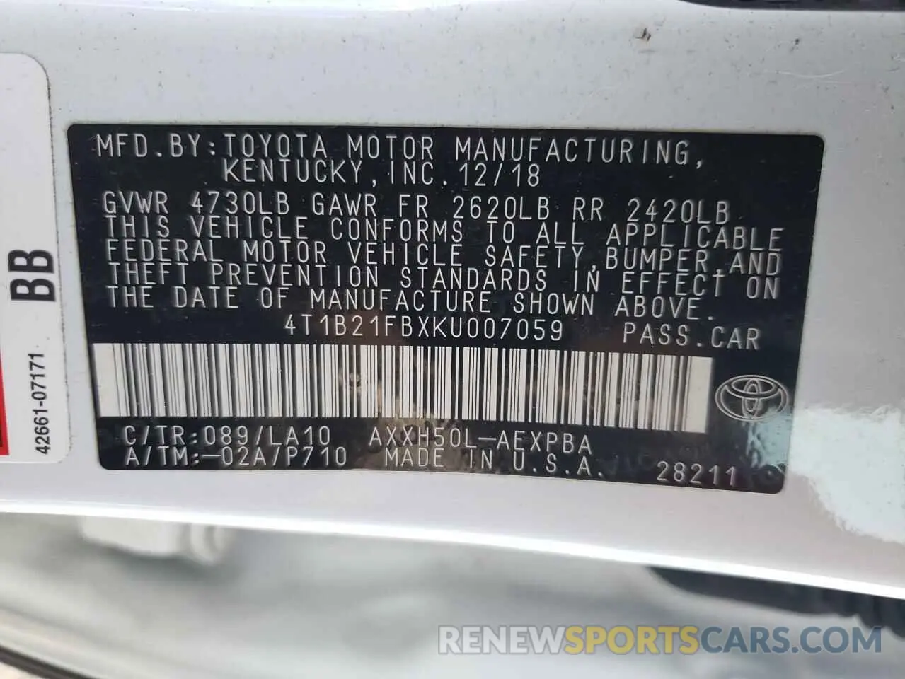 12 Photograph of a damaged car 4T1B21FBXKU007059 TOYOTA AVALON 2019