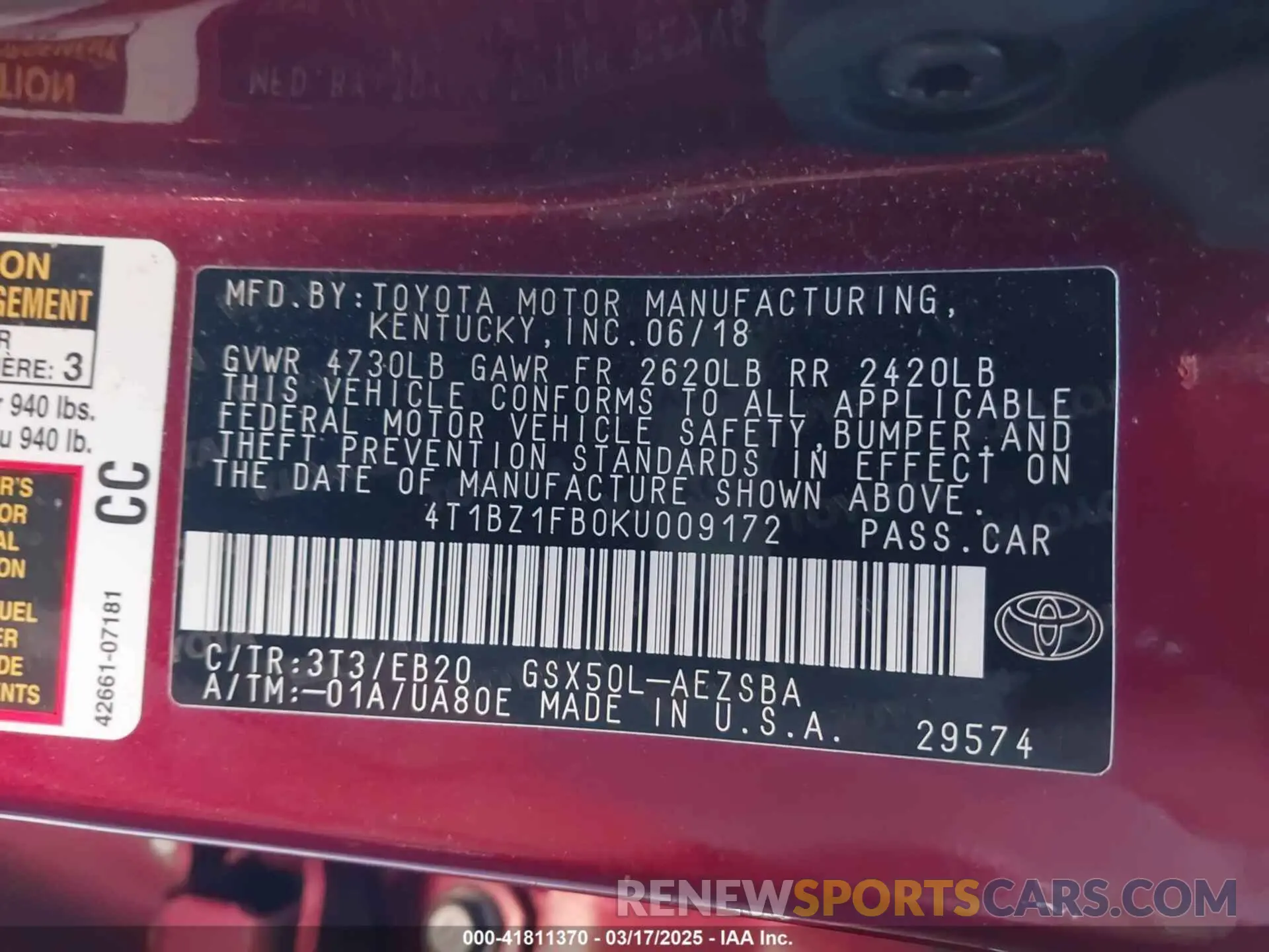 9 Photograph of a damaged car 4T1BZ1FB0KU009172 TOYOTA AVALON 2019