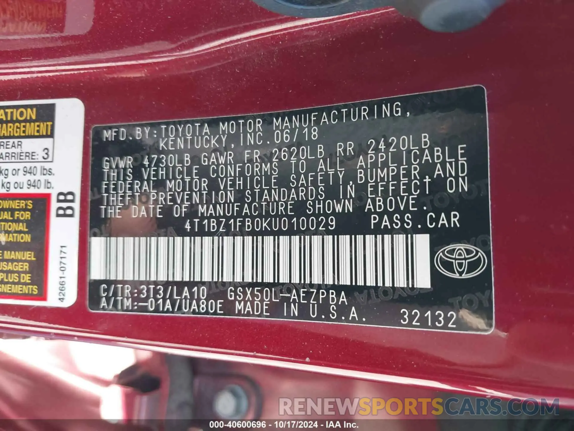 9 Photograph of a damaged car 4T1BZ1FB0KU010029 TOYOTA AVALON 2019