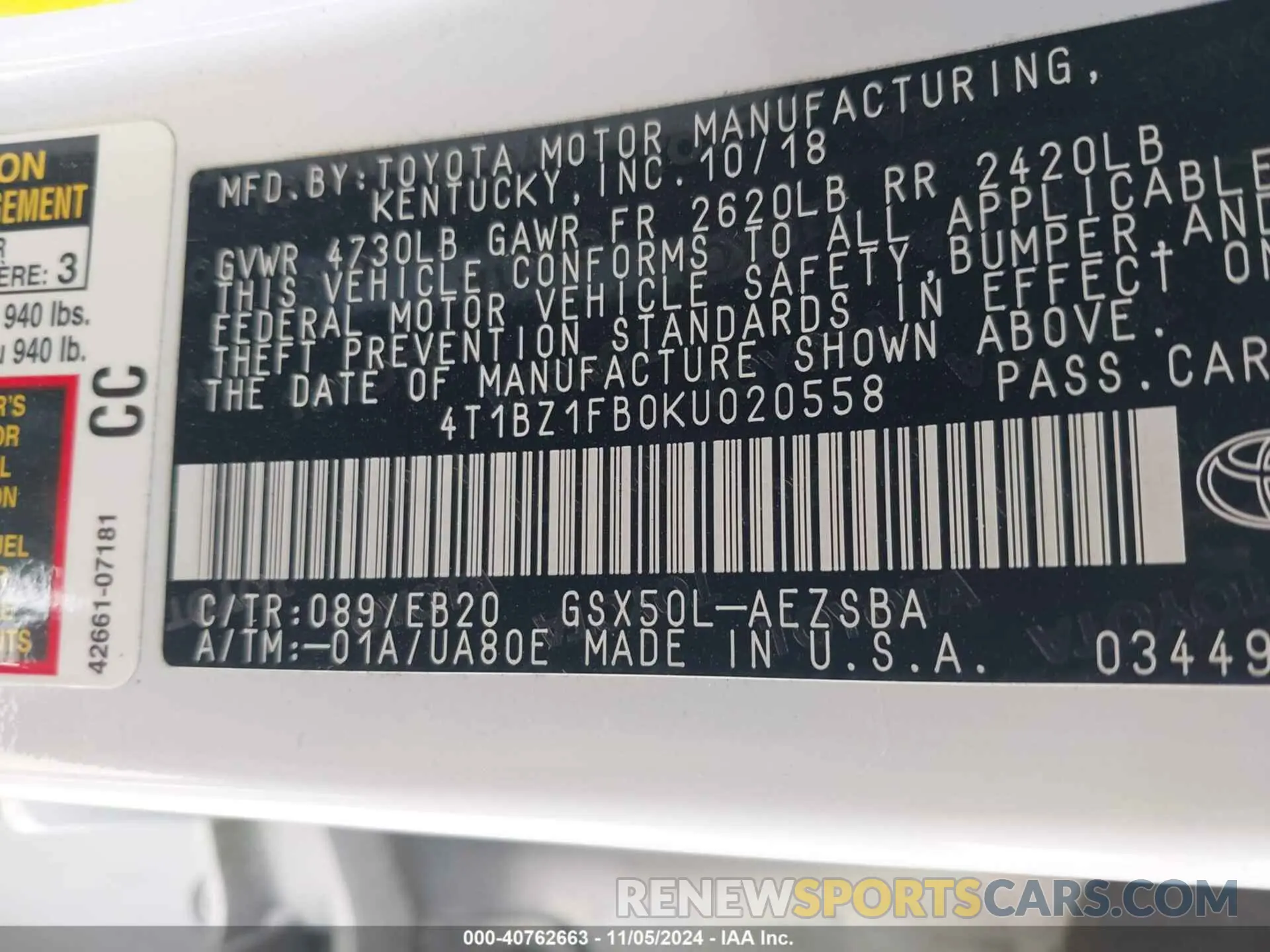 9 Photograph of a damaged car 4T1BZ1FB0KU020558 TOYOTA AVALON 2019