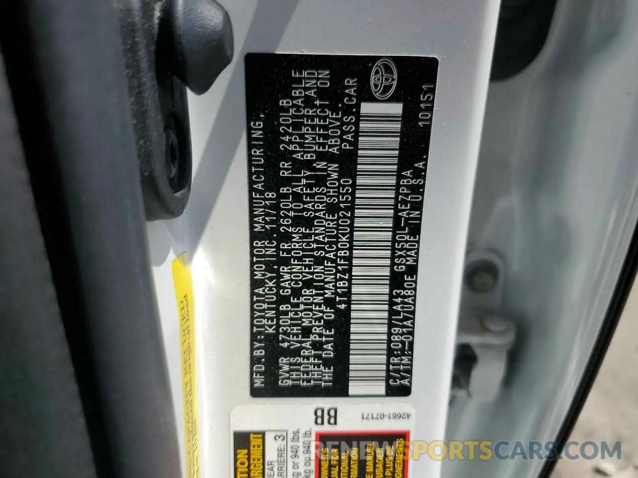 12 Photograph of a damaged car 4T1BZ1FB0KU021550 TOYOTA AVALON 2019
