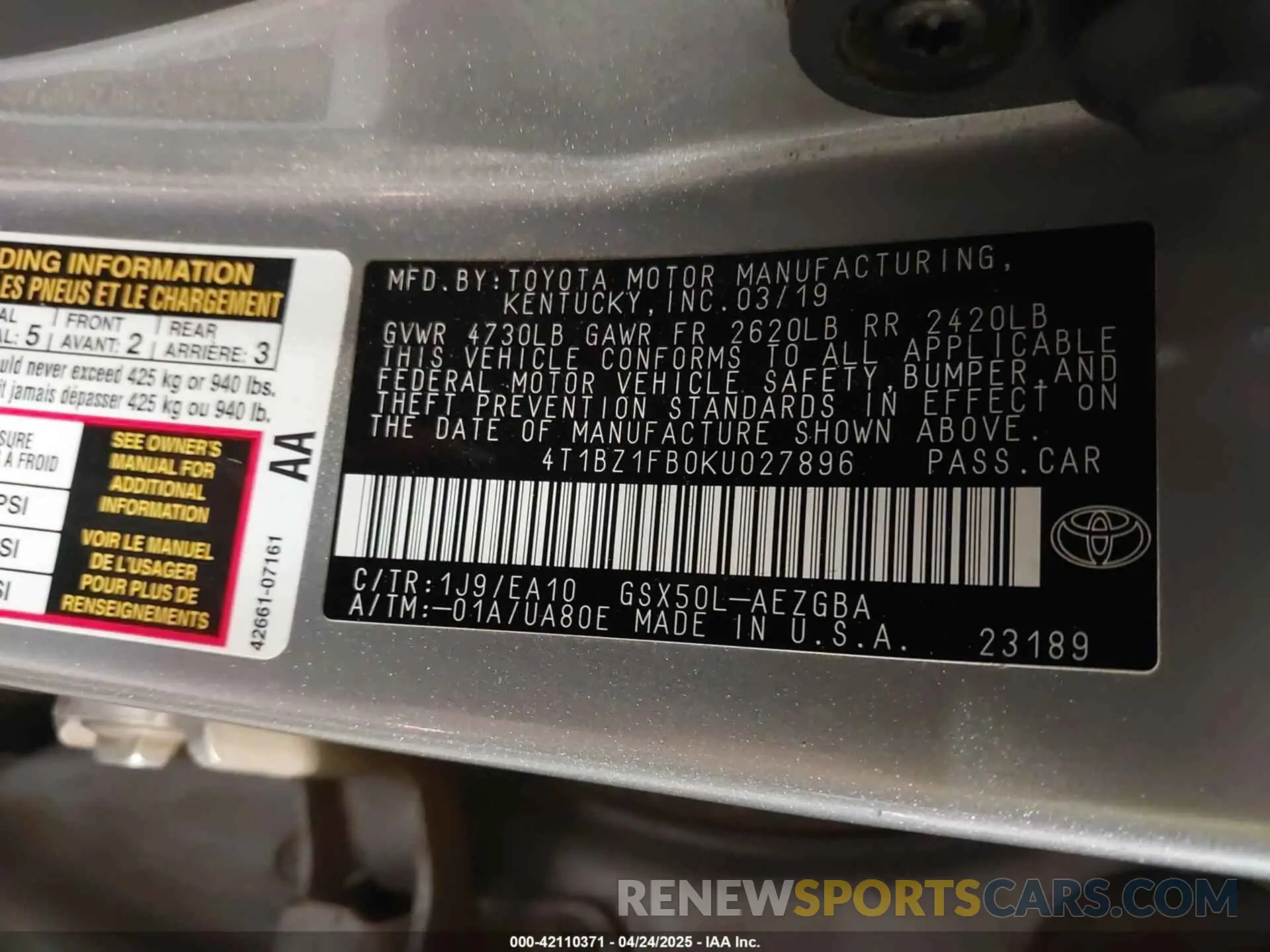 9 Photograph of a damaged car 4T1BZ1FB0KU027896 TOYOTA AVALON 2019