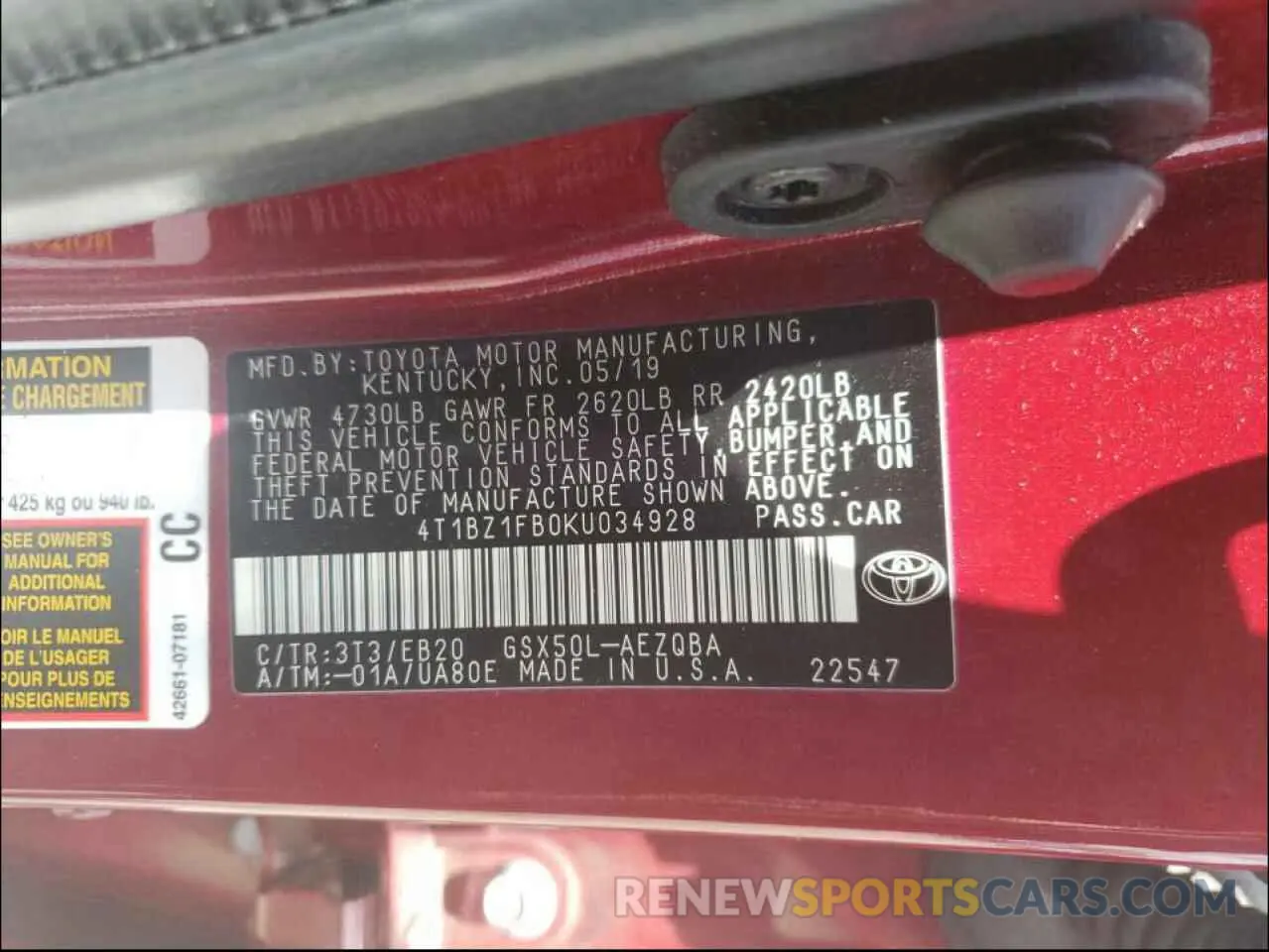 10 Photograph of a damaged car 4T1BZ1FB0KU034928 TOYOTA AVALON 2019