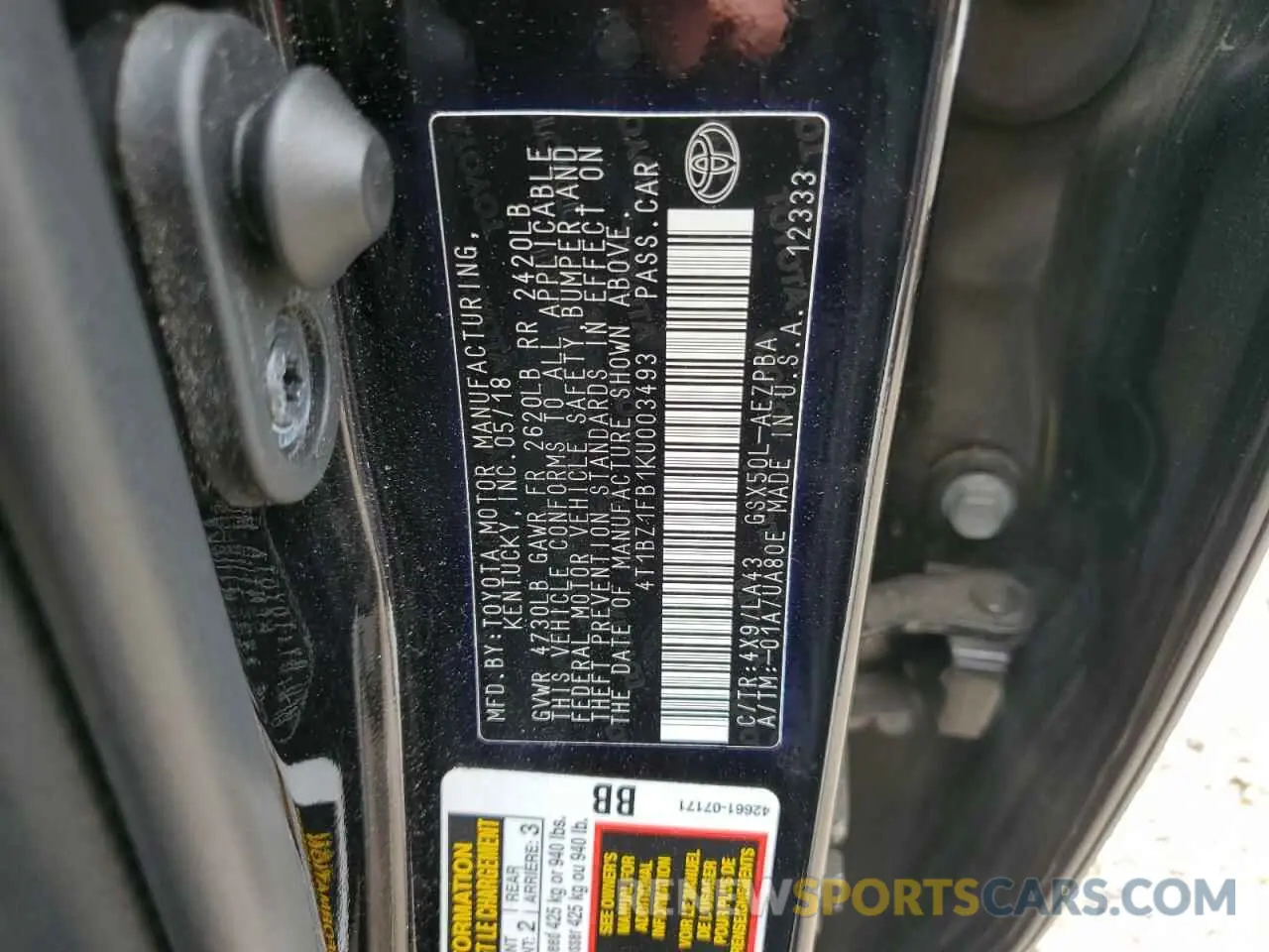 13 Photograph of a damaged car 4T1BZ1FB1KU003493 TOYOTA AVALON 2019