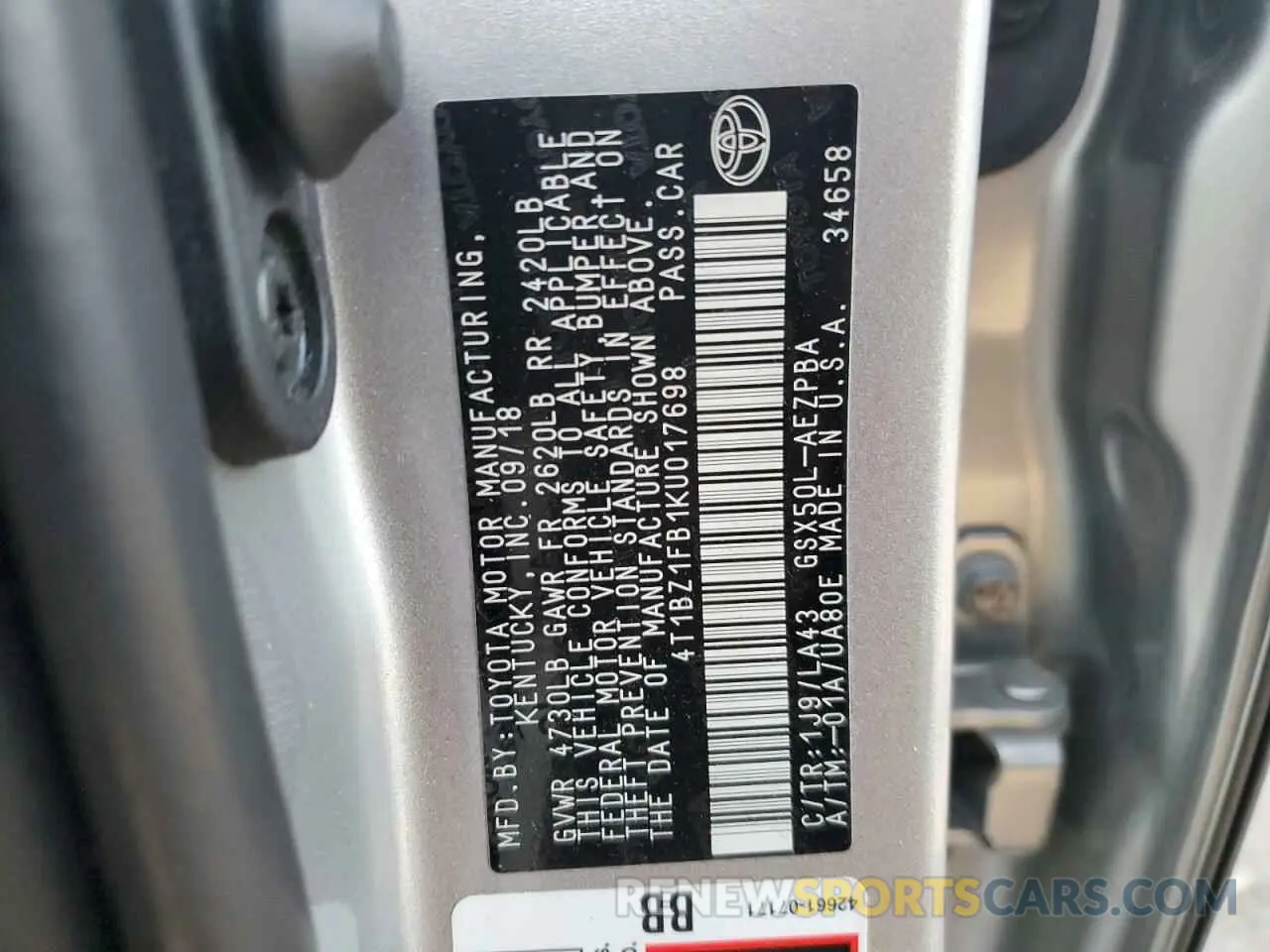 12 Photograph of a damaged car 4T1BZ1FB1KU017698 TOYOTA AVALON 2019