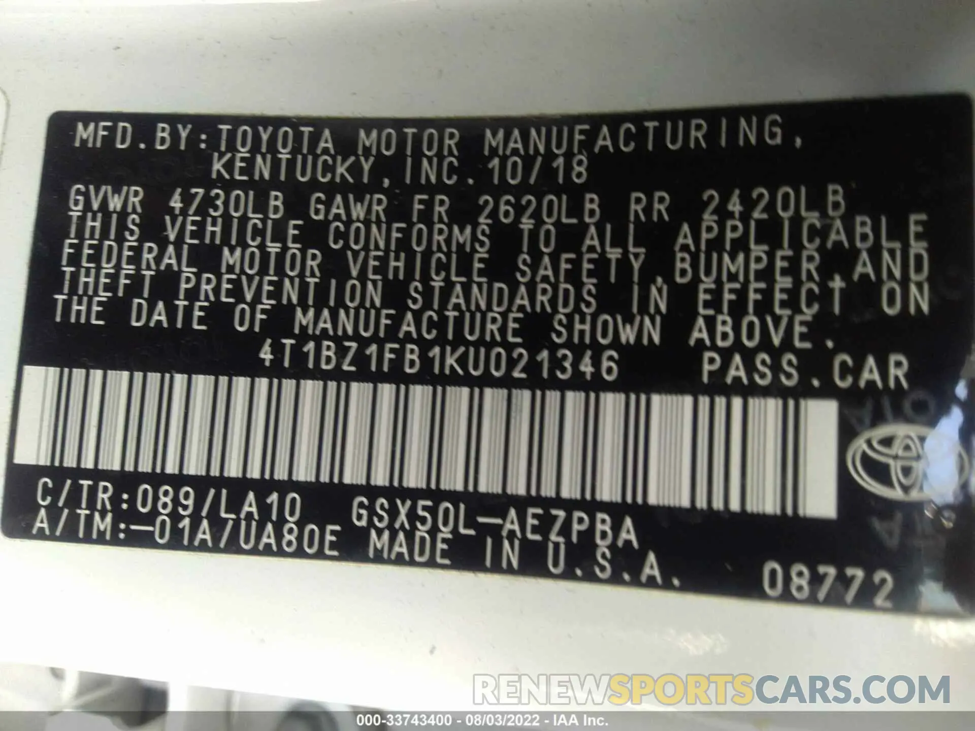 9 Photograph of a damaged car 4T1BZ1FB1KU021346 TOYOTA AVALON 2019