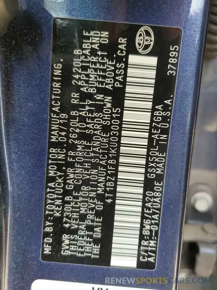 12 Photograph of a damaged car 4T1BZ1FB1KU030015 TOYOTA AVALON 2019