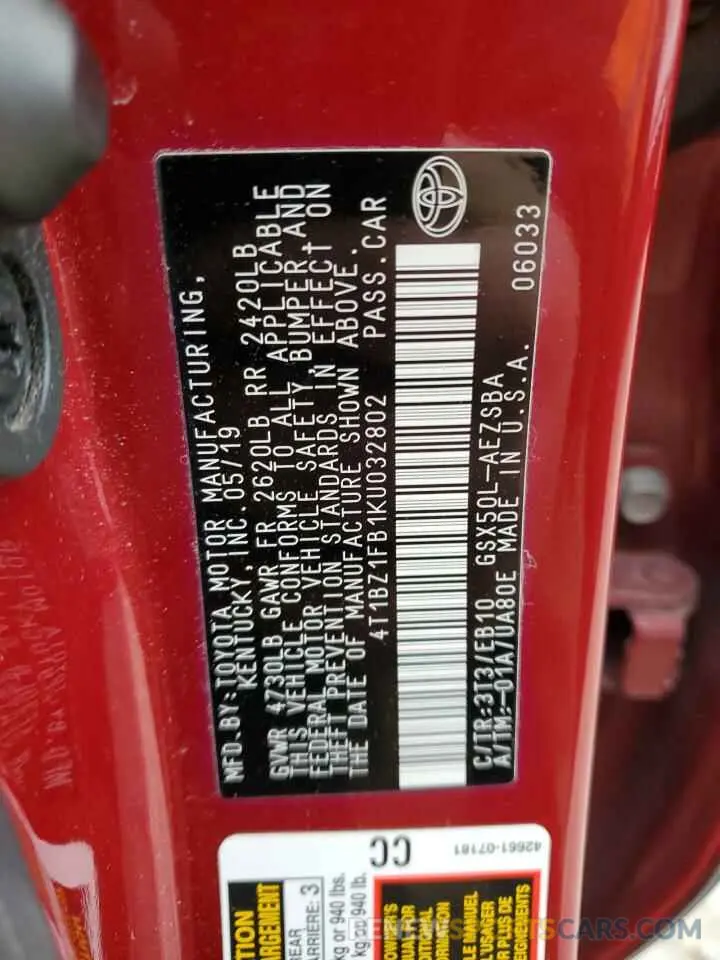 12 Photograph of a damaged car 4T1BZ1FB1KU032802 TOYOTA AVALON 2019