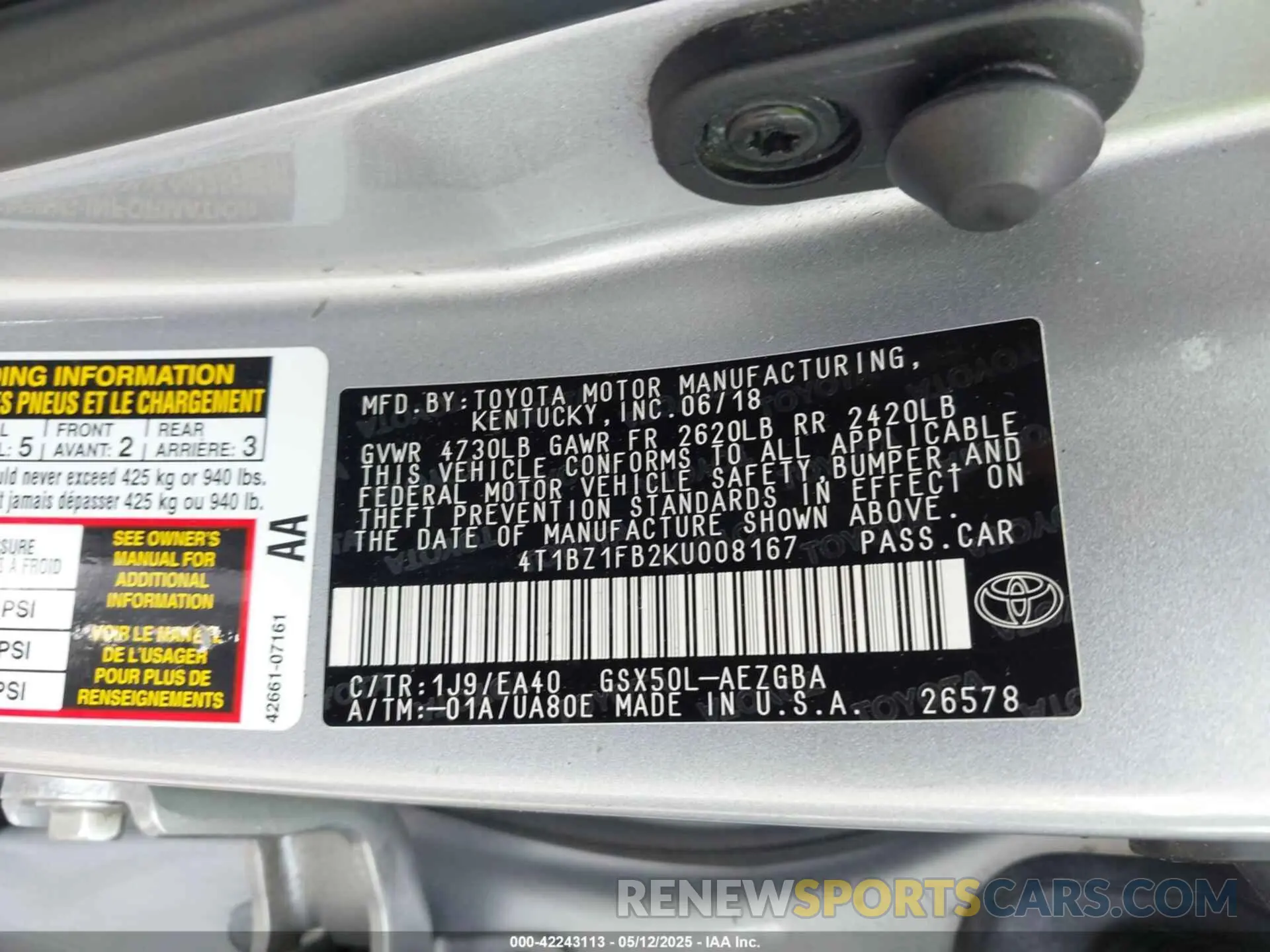 9 Photograph of a damaged car 4T1BZ1FB2KU008167 TOYOTA AVALON 2019