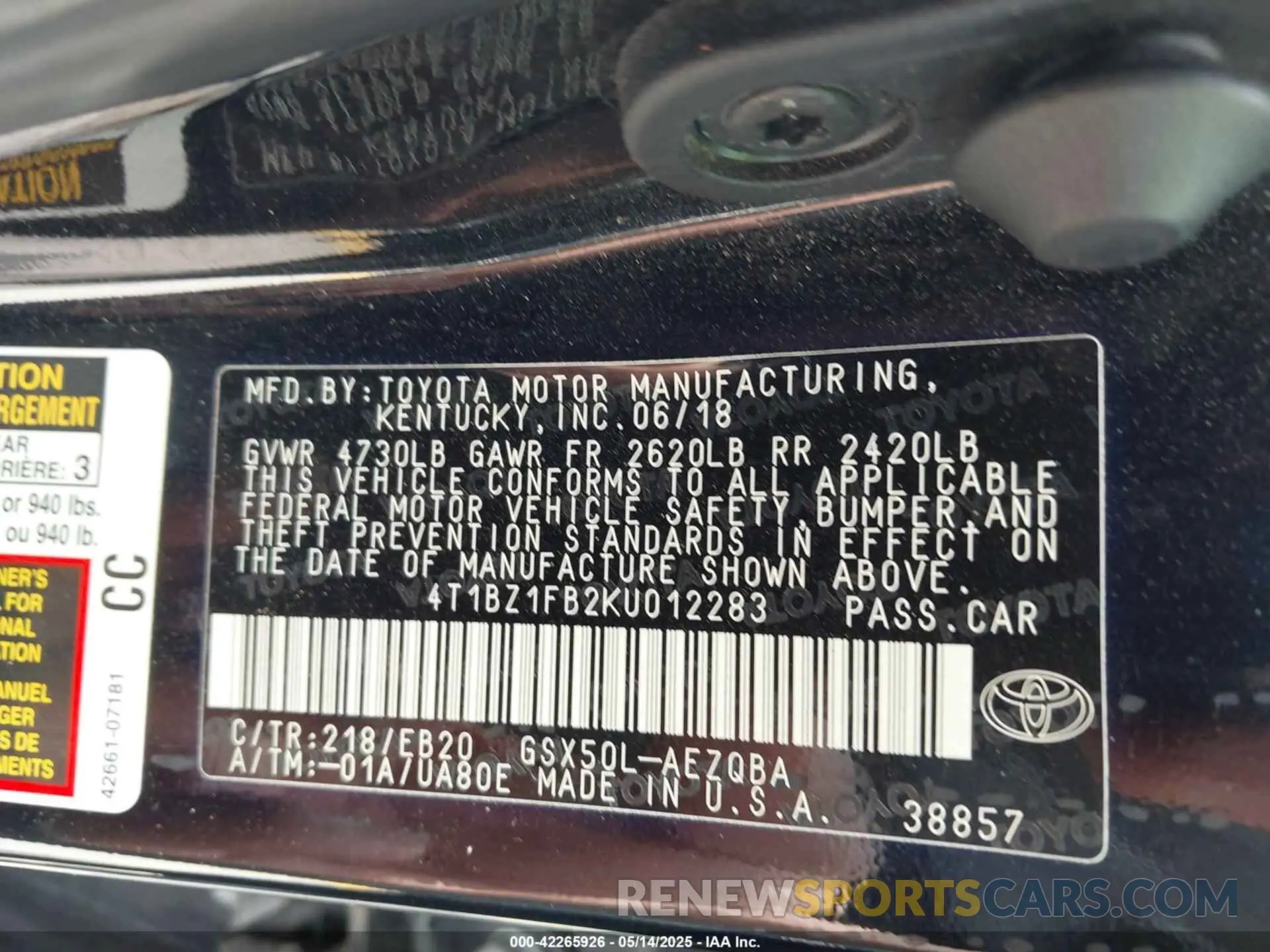 9 Photograph of a damaged car 4T1BZ1FB2KU012283 TOYOTA AVALON 2019