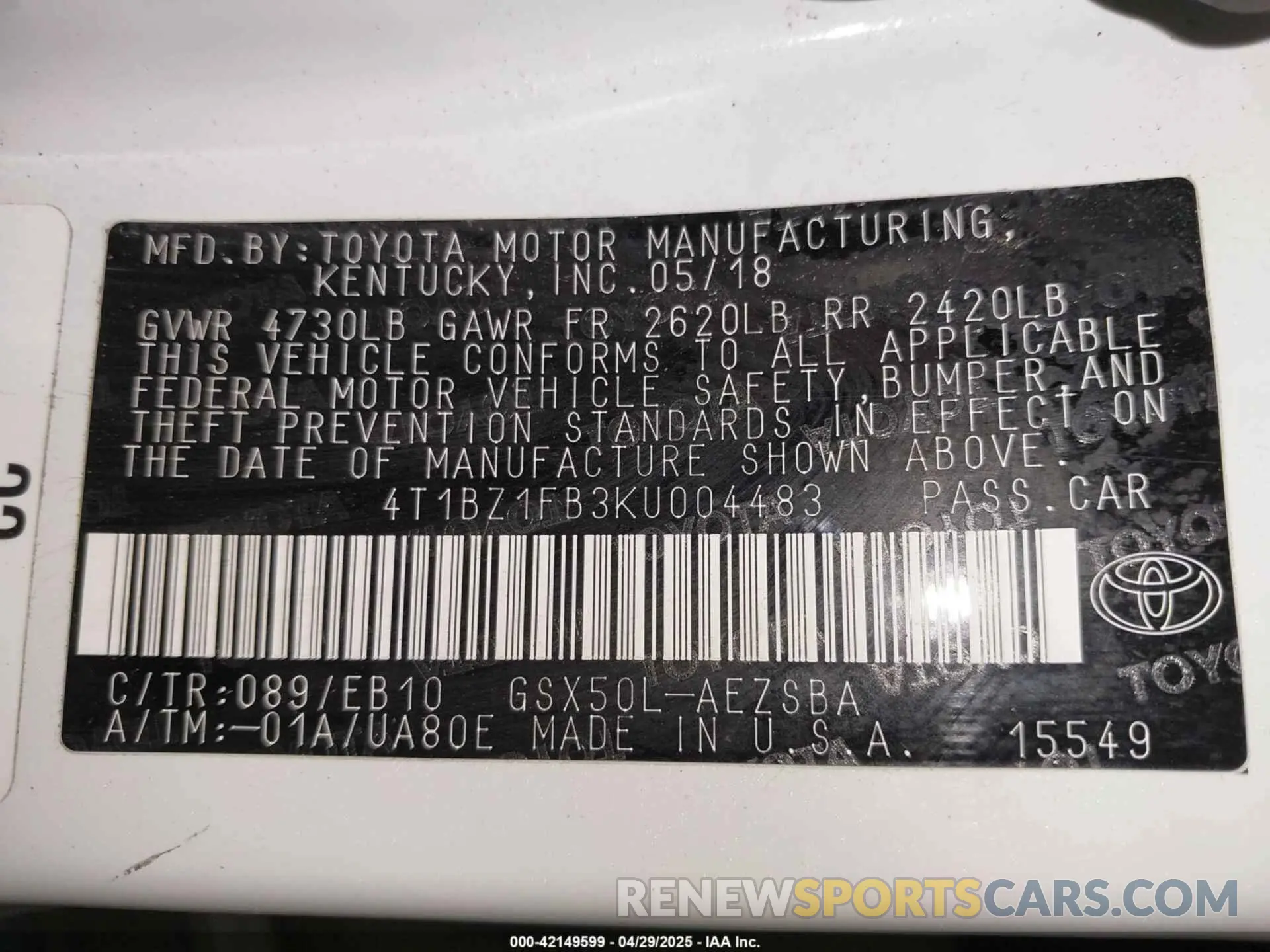 9 Photograph of a damaged car 4T1BZ1FB3KU004483 TOYOTA AVALON 2019