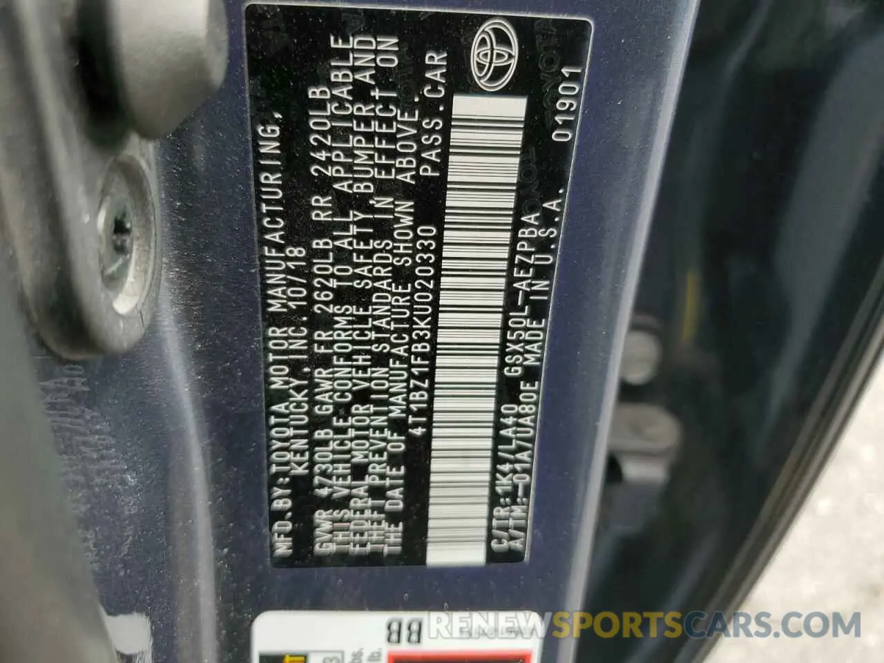 13 Photograph of a damaged car 4T1BZ1FB3KU020330 TOYOTA AVALON 2019
