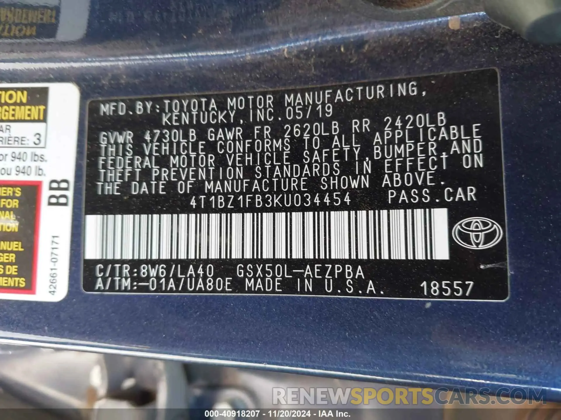 9 Photograph of a damaged car 4T1BZ1FB3KU034454 TOYOTA AVALON 2019