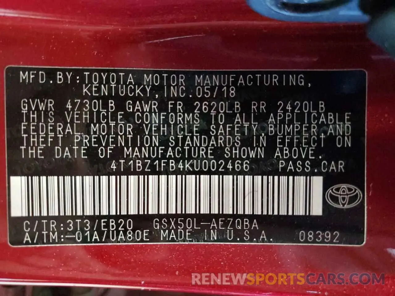 12 Photograph of a damaged car 4T1BZ1FB4KU002466 TOYOTA AVALON 2019