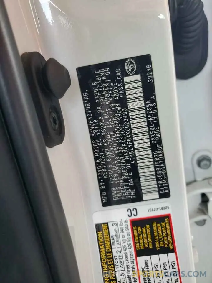 12 Photograph of a damaged car 4T1BZ1FB4KU023480 TOYOTA AVALON 2019
