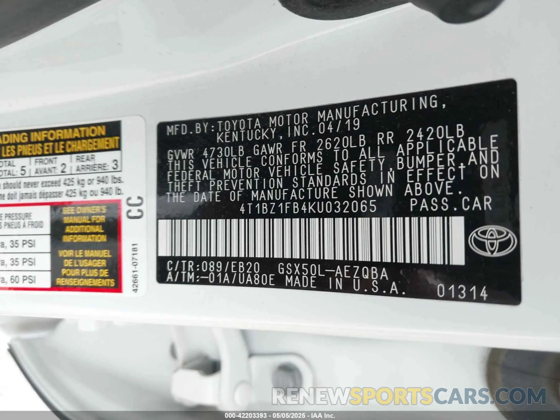 9 Photograph of a damaged car 4T1BZ1FB4KU032065 TOYOTA AVALON 2019