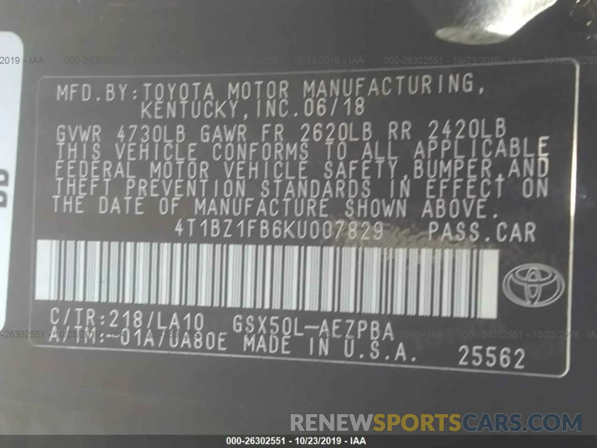 9 Photograph of a damaged car 4T1BZ1FB6KU007829 TOYOTA AVALON 2019