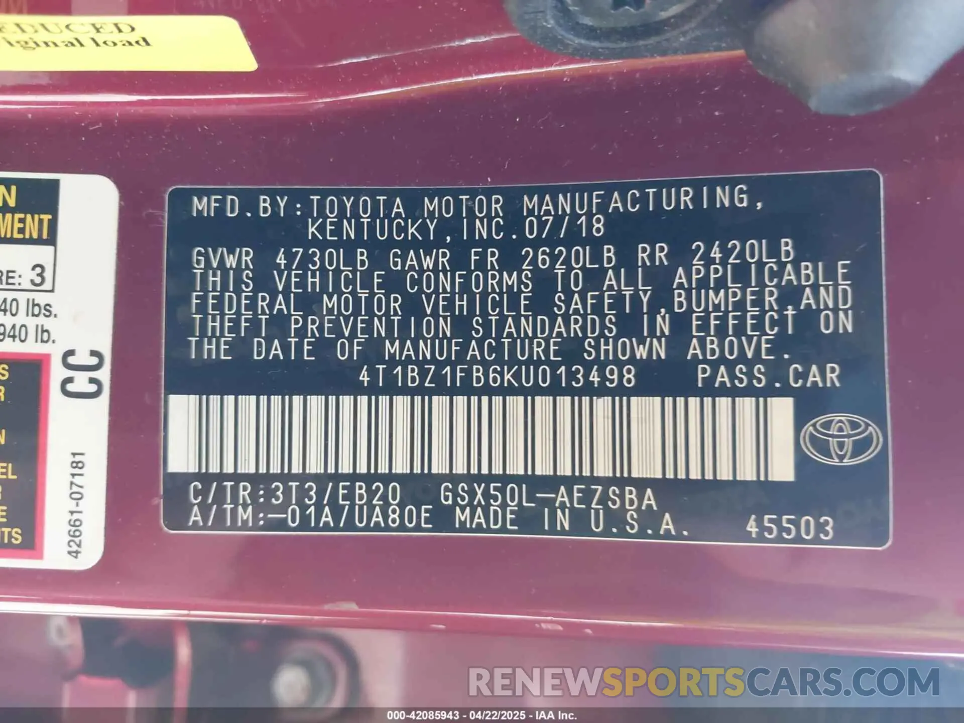 9 Photograph of a damaged car 4T1BZ1FB6KU013498 TOYOTA AVALON 2019