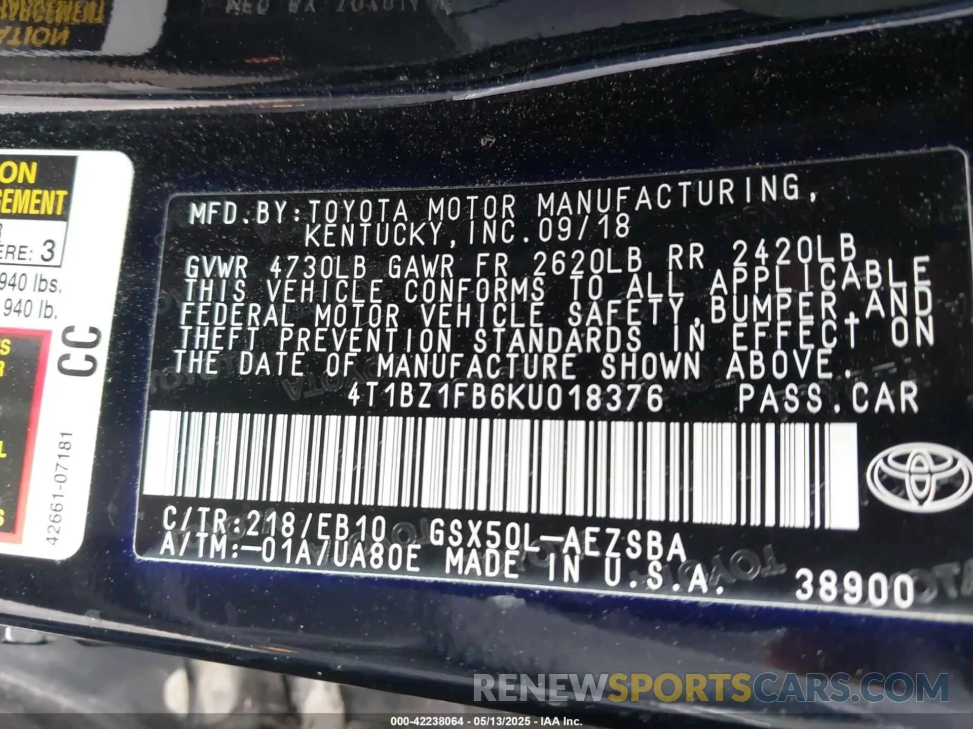 9 Photograph of a damaged car 4T1BZ1FB6KU018376 TOYOTA AVALON 2019