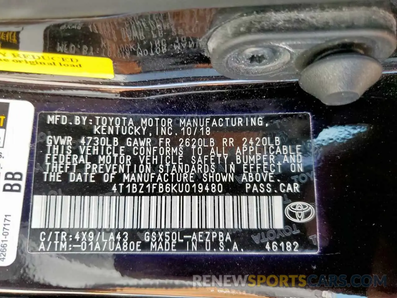 12 Photograph of a damaged car 4T1BZ1FB6KU019480 TOYOTA AVALON 2019