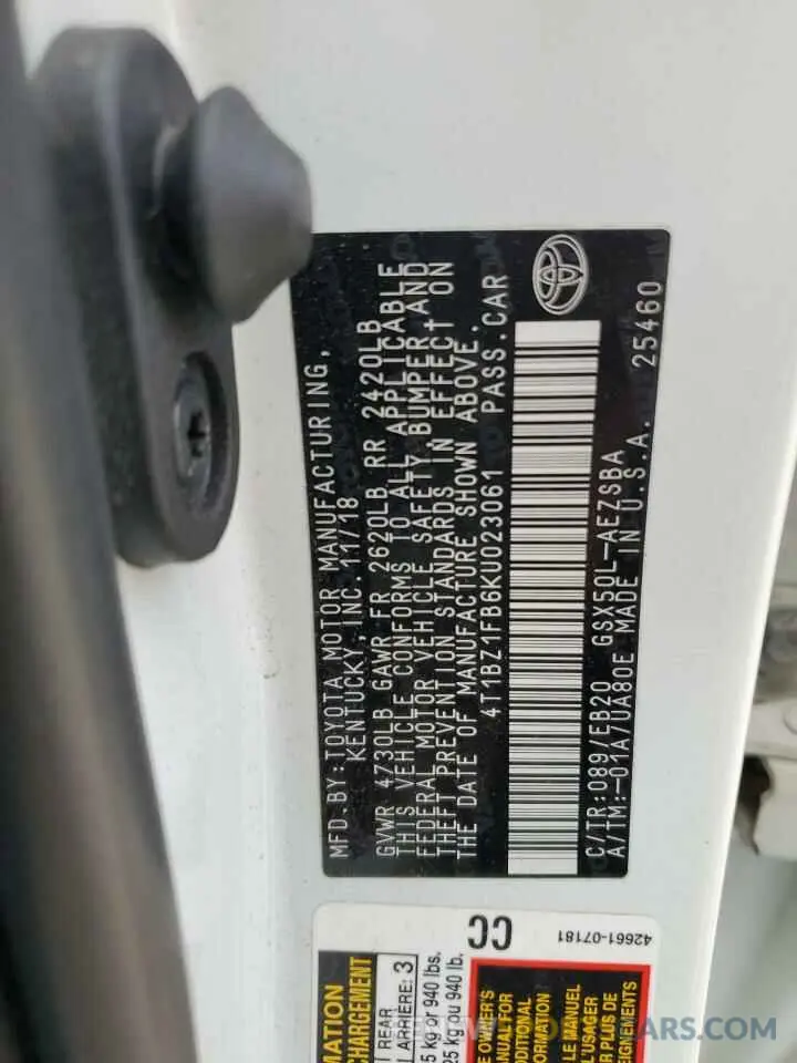 12 Photograph of a damaged car 4T1BZ1FB6KU023061 TOYOTA AVALON 2019