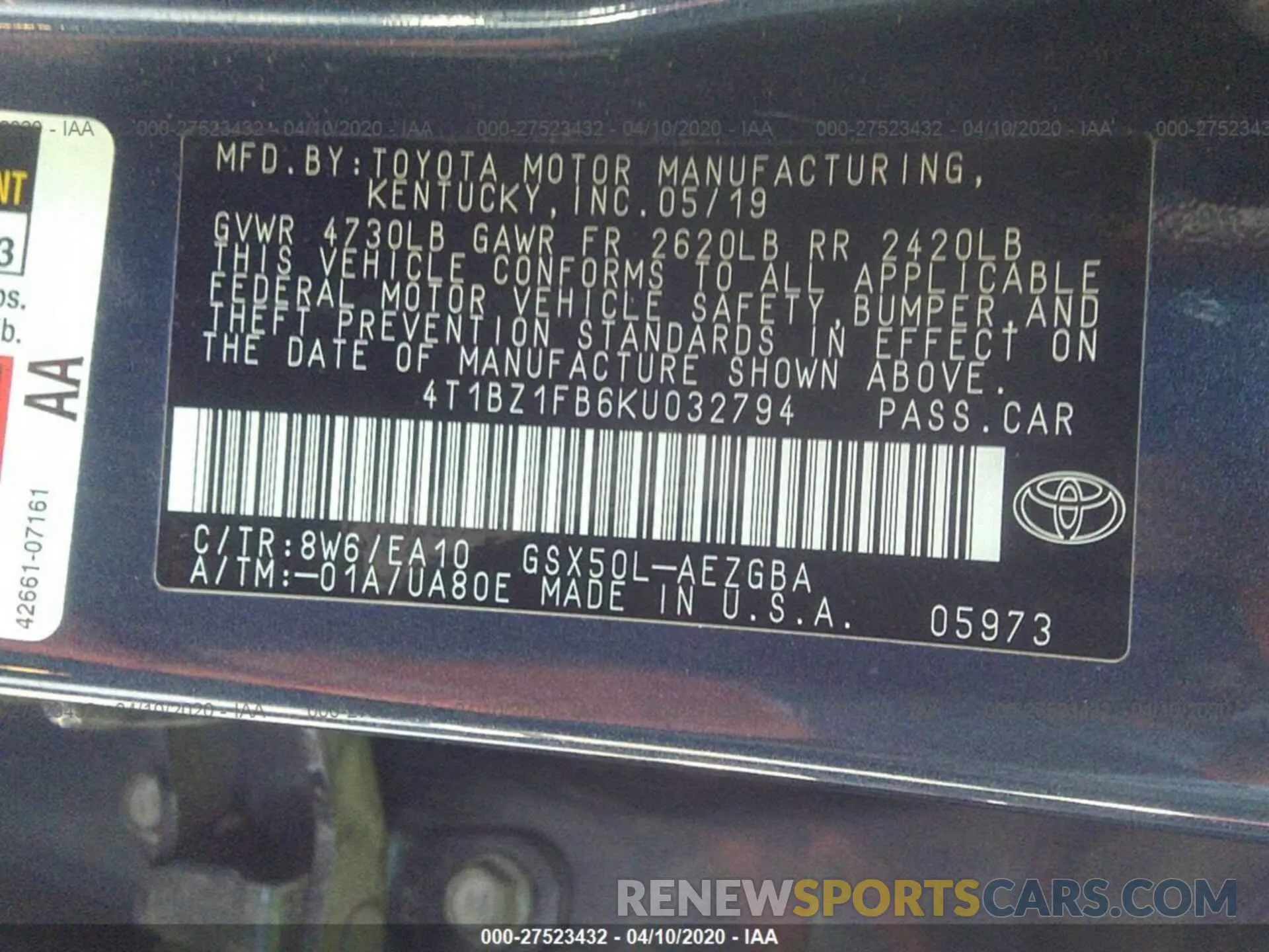 9 Photograph of a damaged car 4T1BZ1FB6KU032794 TOYOTA AVALON 2019