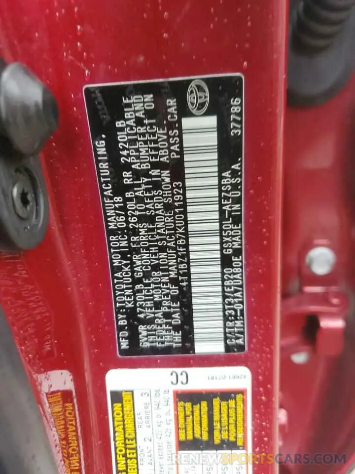 15 Photograph of a damaged car 4T1BZ1FB7KU011923 TOYOTA AVALON 2019