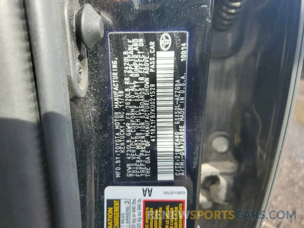 12 Photograph of a damaged car 4T1BZ1FB7KU021528 TOYOTA AVALON 2019