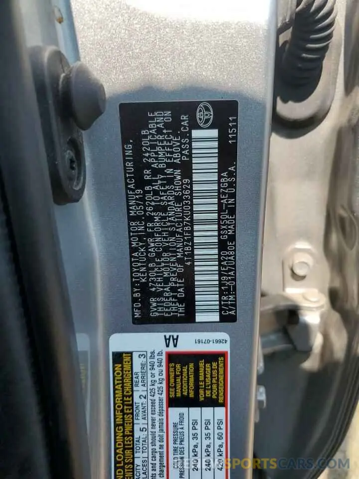 12 Photograph of a damaged car 4T1BZ1FB7KU033629 TOYOTA AVALON 2019